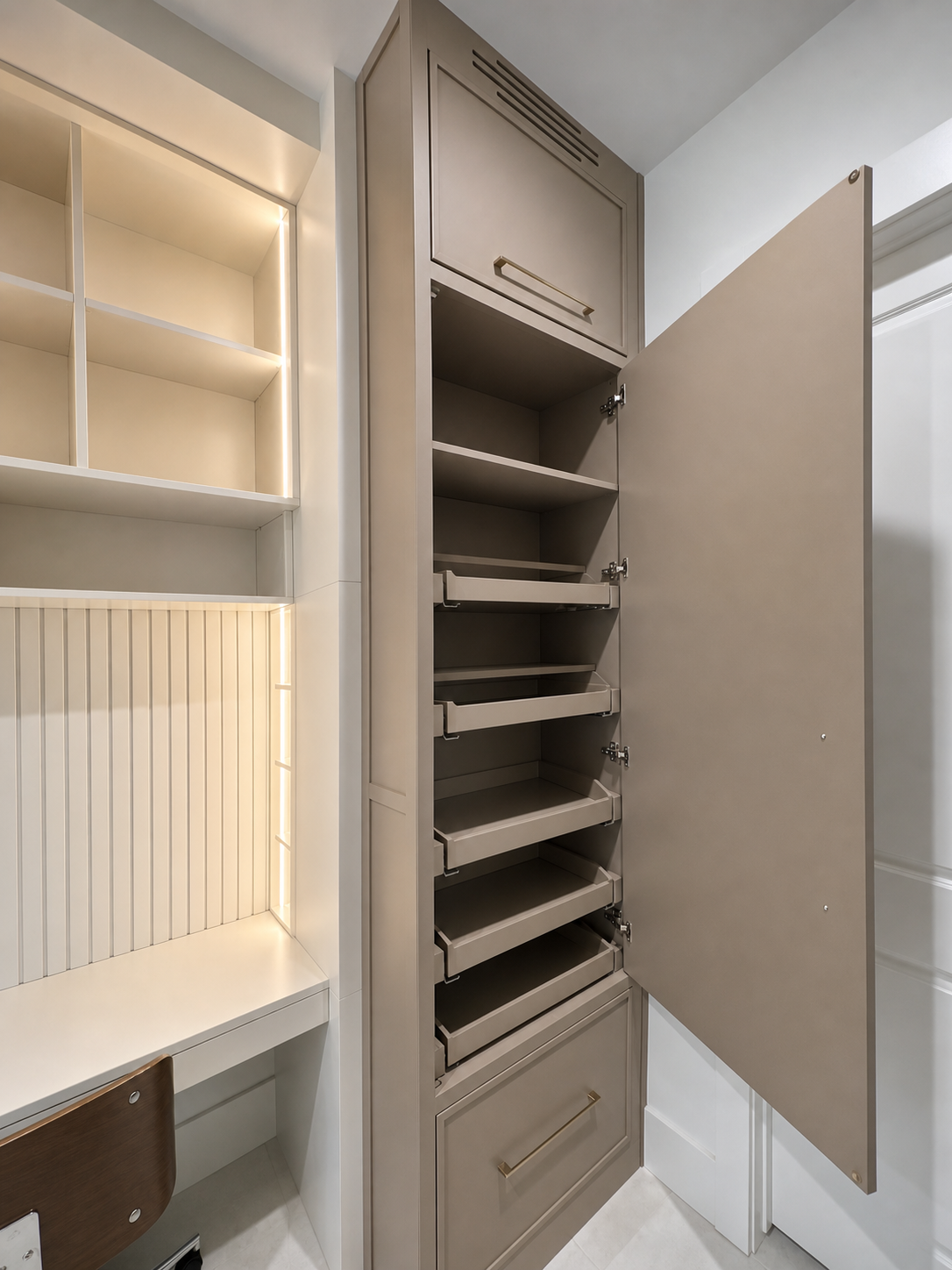 Tall mudroom storage cabinet with open slide-out trays