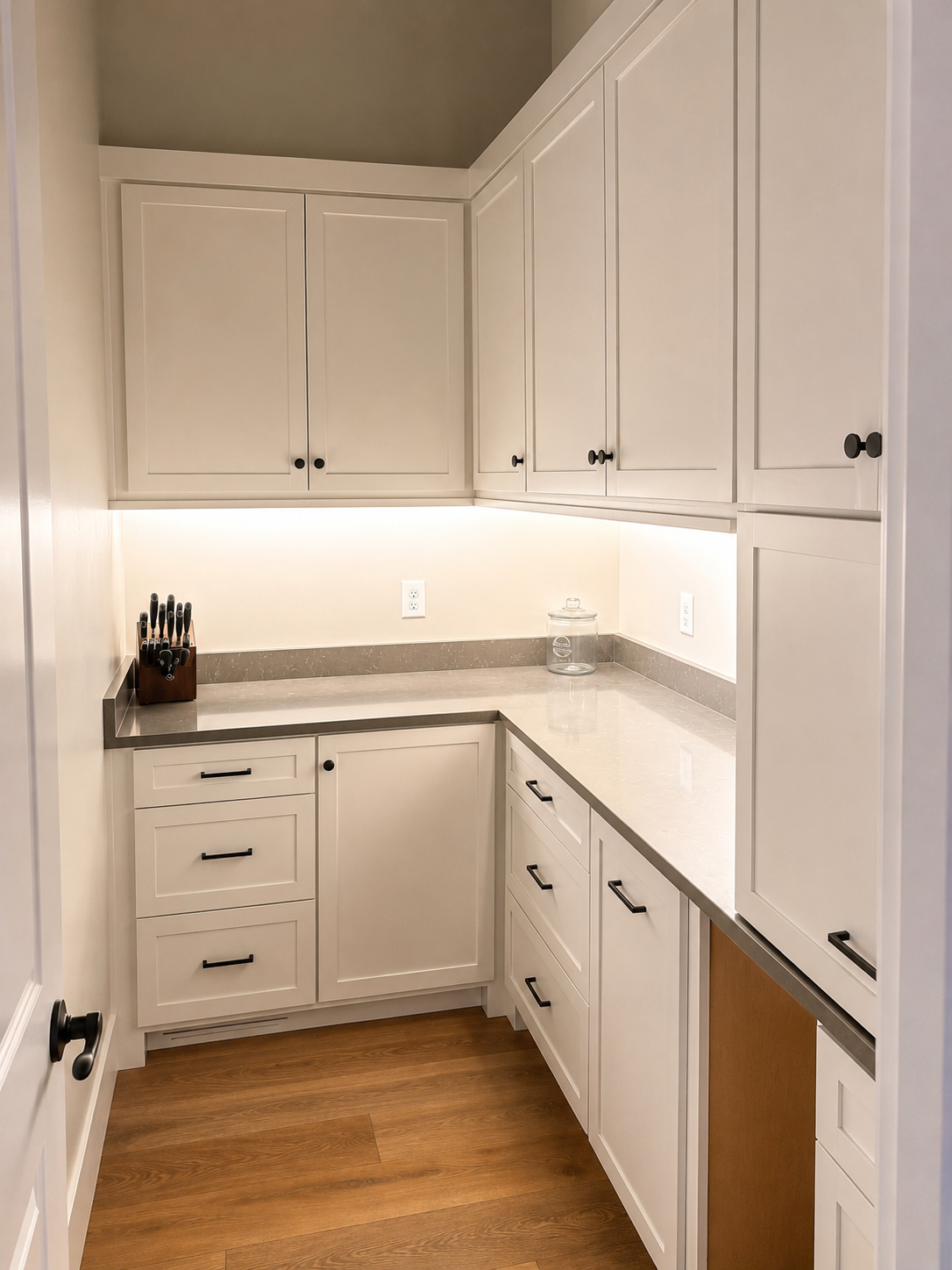 Custom pantry — shaker cabinet doors with integrated lighting
