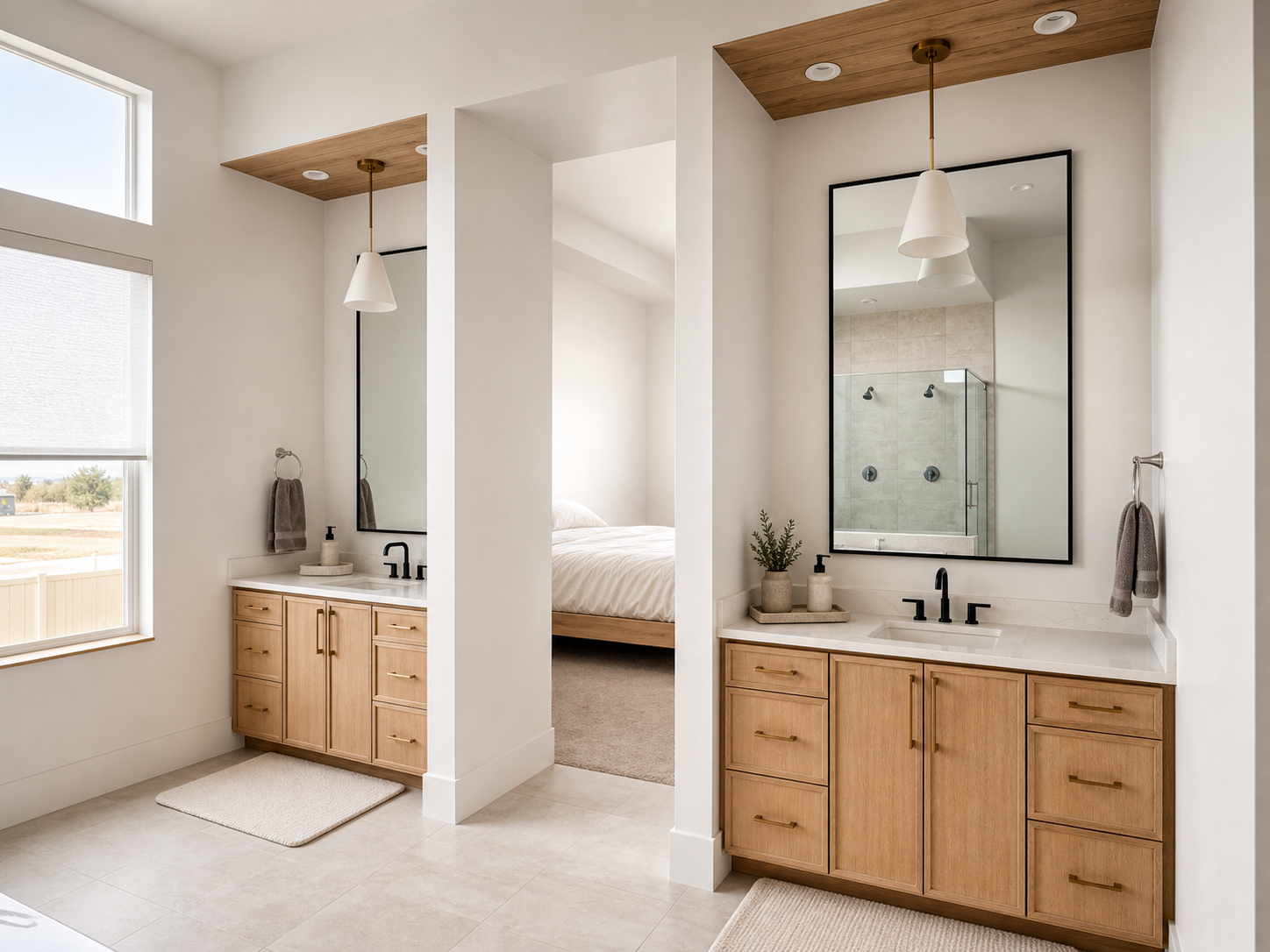His-and-hers white oak vanities — Herriman primary bathroom