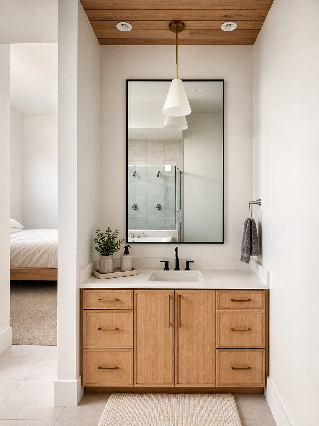 White oak ceiling detail over vanity area