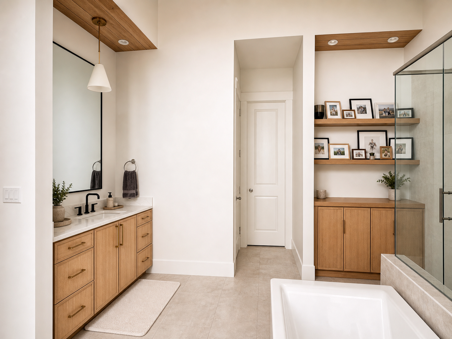Nook lowers with pull-out trays and floating shelves