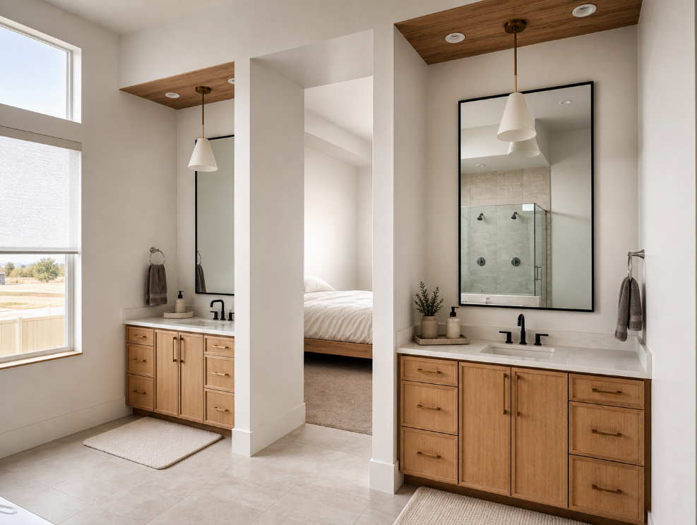 Custom white oak bathroom vanities with tall black-framed mirrors in Herriman, Utah